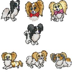 Seven illustrated Papillon dogs in different poses and color combinations, some wearing bows.