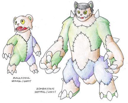 Two stitched, patchwork monster characters-Pageadoul and Zombestein-drawn in a hand-drawn, colorful style with ghost/normal dual-type labels.