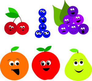 Six cheerful cartoon fruits-cherries, blueberries, grapes, orange, apple, and pear-with expressive faces and green leaves.