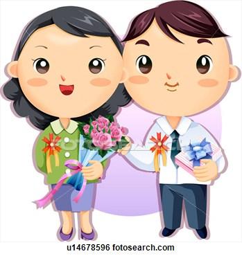 Happy Couple with Flowers and Gift - Romantic Illustration