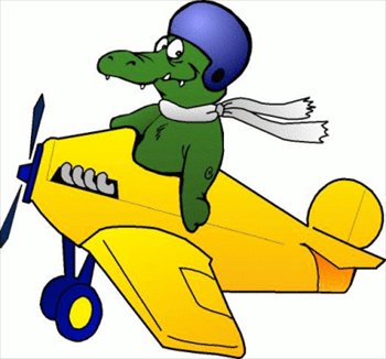 Green cartoon alligator wearing a blue flight helmet and scarf, piloting a yellow biplane with a propeller.