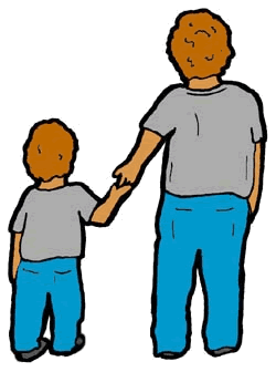 An adult and a young child holding hands, walking together from behind.
