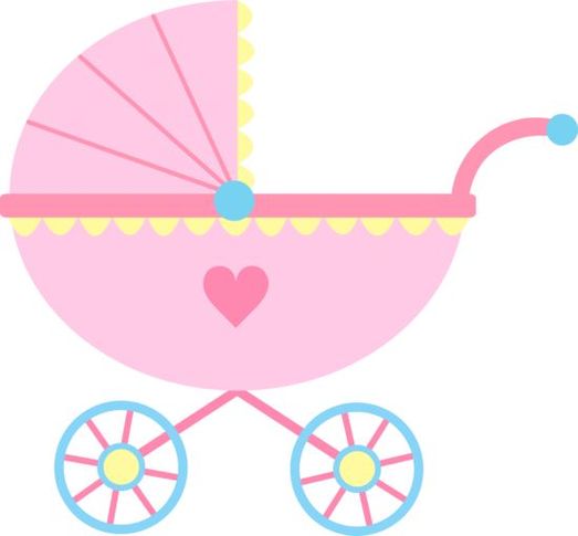 Pink vintage-style baby carriage with heart detail, scalloped trim, and blue wheels.