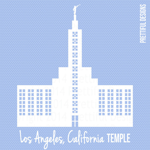 Stylized white silhouette of the Los Angeles California Temple against a light blue herringbone background with text label.