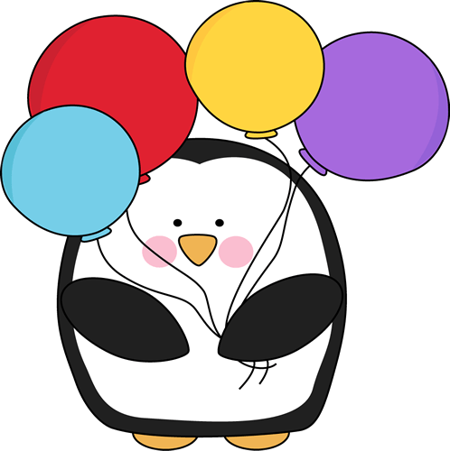 Cute cartoon penguin holding four colorful balloons (red, yellow, purple, blue) with rosy cheeks and a happy expression.