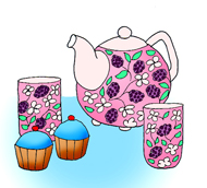 Charming Floral Tea Set with Cupcakes - Illustration for Kids’ Content or Party Themes