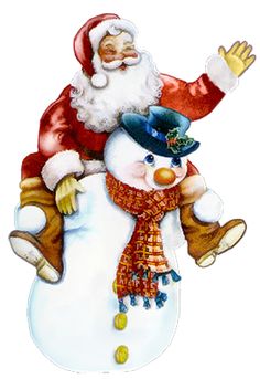Santa Claus joyfully rides a cheerful snowman wearing a blue hat and plaid scarf, waving in a festive holiday scene.