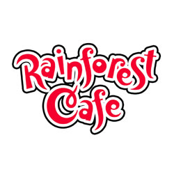 Rainforest Cafe logo featuring playful red text with white outline and black shadow on white background.