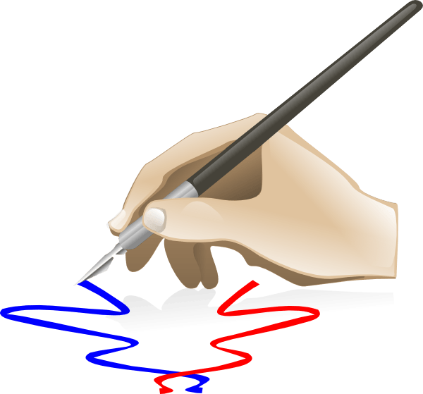 Hand holding a fountain pen drawing blue and red squiggly lines on a dark surface.