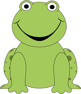 Cheerful green cartoon frog with big eyes and a wide smile, sitting upright on a black background.