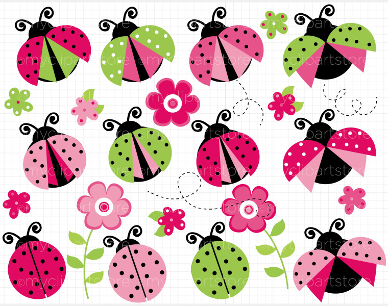 Colorful cartoon ladybugs with pink, green, and black patterns surrounded by flowers on a grid background.