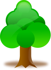 Green cartoon-style tree with rounded foliage and brown trunk on transparent background.
