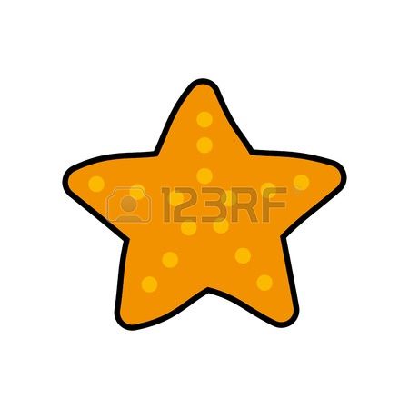 Bright orange cartoon starfish with yellow spots and bold black outline on white background.