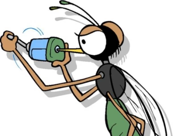 Cartoon mosquito using a spray bottle as a weapon, stylized illustration with expressive eyes and motion lines.