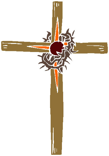 Wooden cross with crown of thorns and red heart at center, symbolizing Christian sacrifice and love.