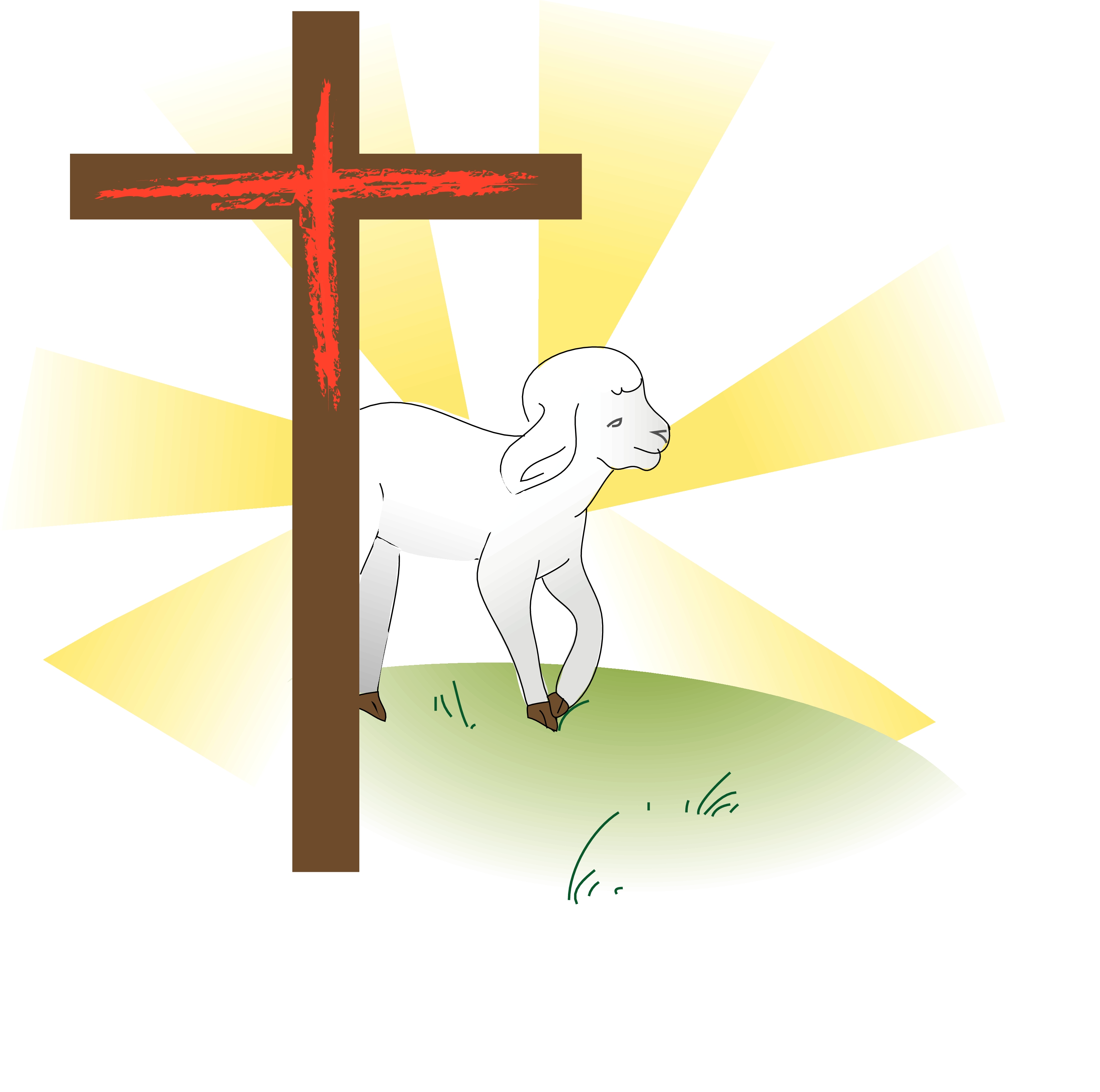 A white lamb stands beside a wooden cross stained with red, radiant yellow light beams behind them on a grassy patch.