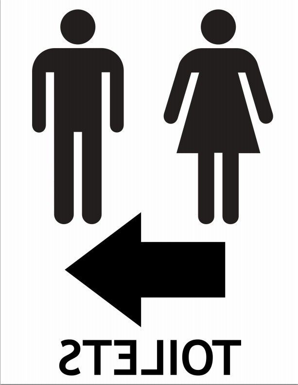 Restroom Sign with Male and Female Symbols and Directional Arrow