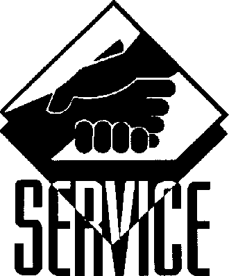 Two hands shaking inside a diamond shape above the word "SERVICE", symbolizing trust and customer support.