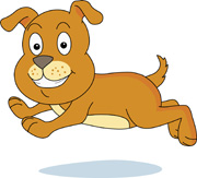 Cheerful cartoon brown puppy running with a happy expression and light blue shadow beneath.