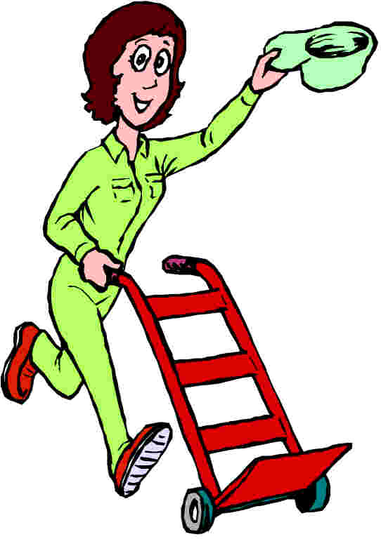 A smiling woman in green uniform pushing a red hand truck while waving a green cap.