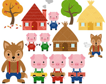 Cartoon illustration of three little pigs, a fox, and their houses-straw, wood, and brick-for a children's story.