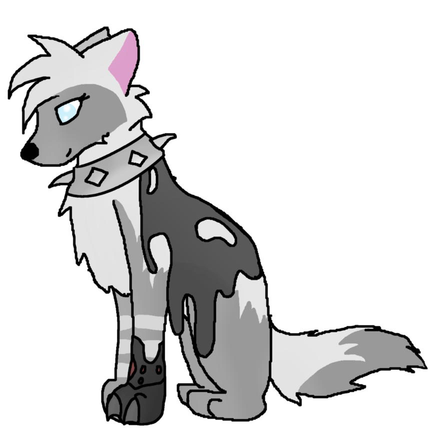A stylized gray and white anthropomorphic wolf with pink ear tip, glowing blue eye, and decorative collar, sitting against black background.