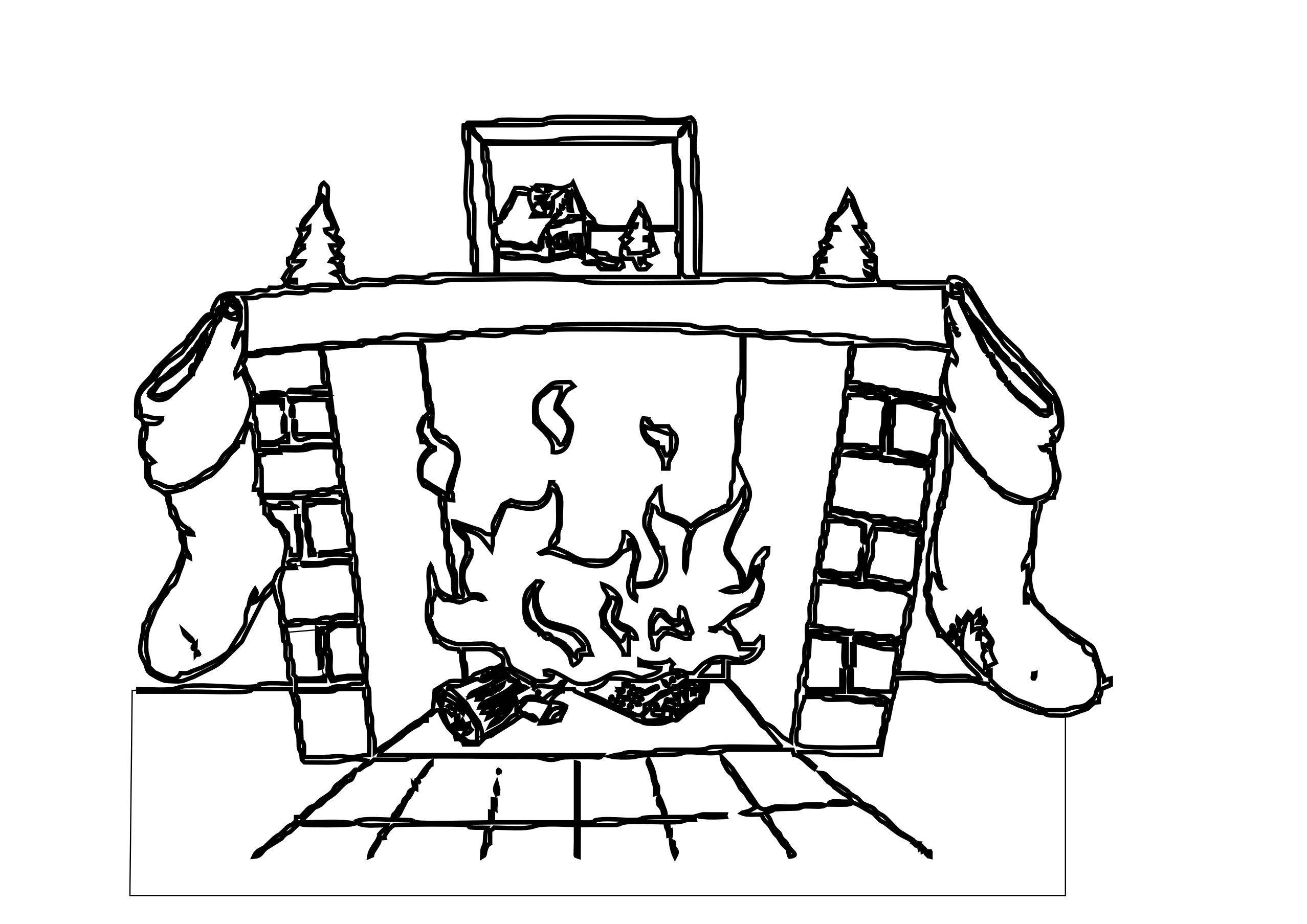 Cozy fireplace with crackling fire, hanging stockings, brick surround, and framed winter scene above mantel.