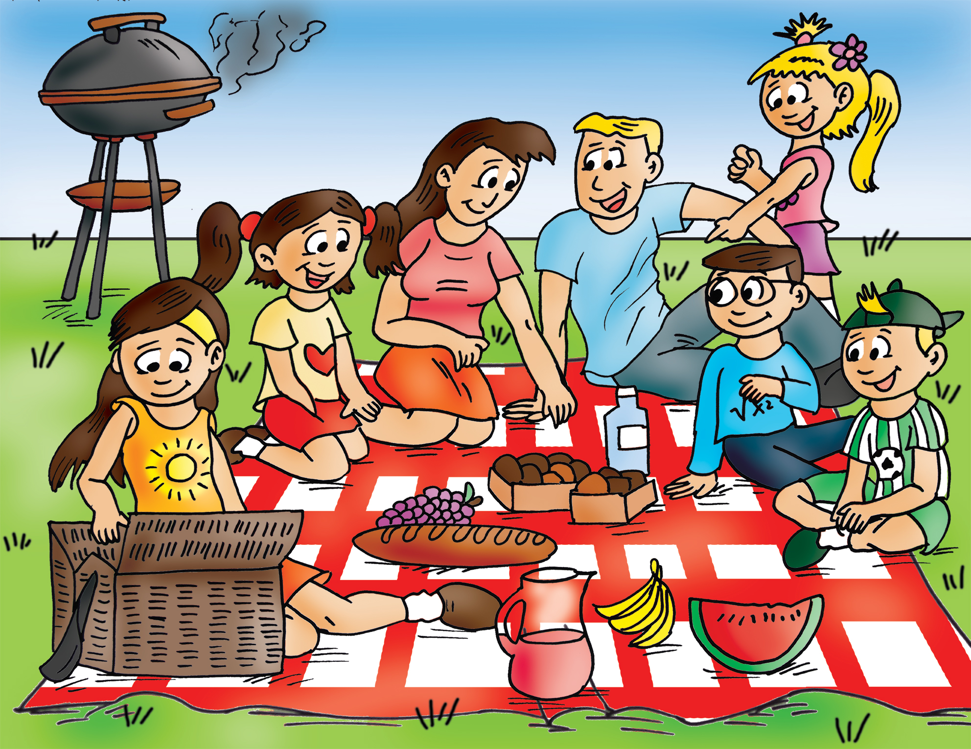 Describing friends. Семейные традиции рисунок. Мультяшная семья на пикнике. Пикник на природе мультяшные. Природы мультяшная пикник.