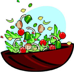 Vibrant cartoon salad with lettuce, tomatoes, cucumbers, and beans bursting from a red bowl.