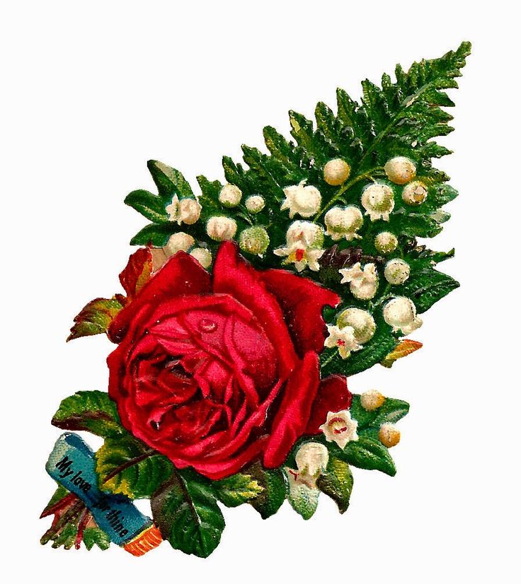 Vintage red rose bouquet with lily-of-the-valley, ferns, and a "My love to thine" ribbon.