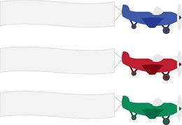 Three colorful cartoon airplanes (blue, red, green) each towing a blank white banner, arranged vertically.