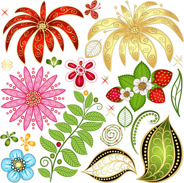 Ornate vector floral design with red, gold, pink, and blue flowers, green leaves, strawberries, and decorative swirls.