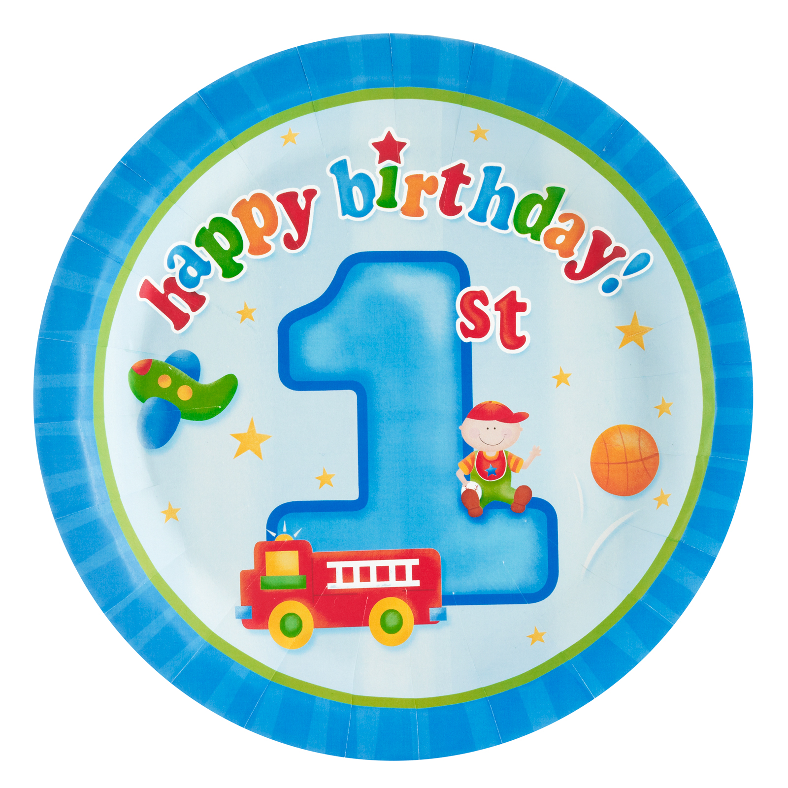 1st Birthday Paper Plates for Boys - Festive Blue Design with Fire Truck & Toys