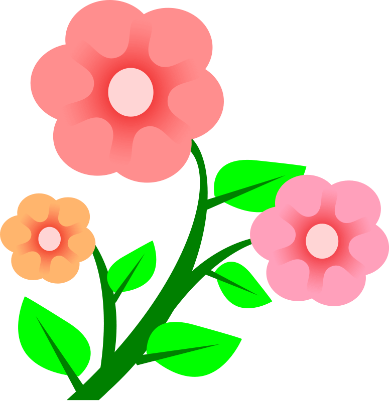 Three colorful cartoon-style flowers-pink, peach, and light pink-with green stems and leaves on a white background.