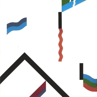 Abstract geometric composition with black lines, blue waves, red zigzag, and green-blue shapes on white background.