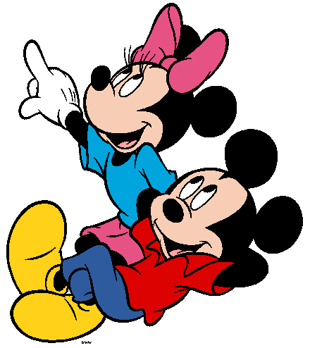 Minnie Mouse pointing excitedly while lying on top of Mickey Mouse, both smiling joyfully in classic Disney cartoon style.