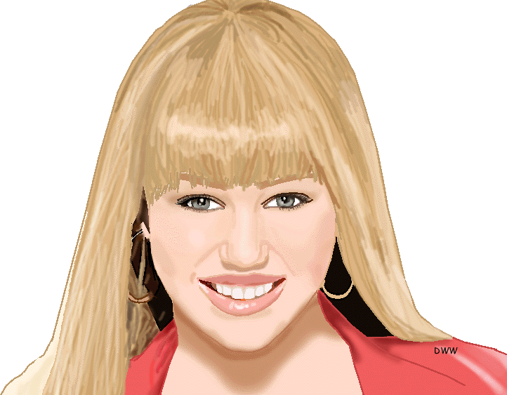 Digital illustration of a smiling blonde woman with bangs, wearing a red top and hoop earrings against a gray background.