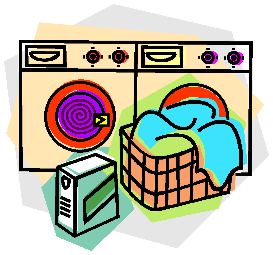 Colorful cartoon illustration of a washing machine, dryer, laundry basket with clothes, and detergent box.