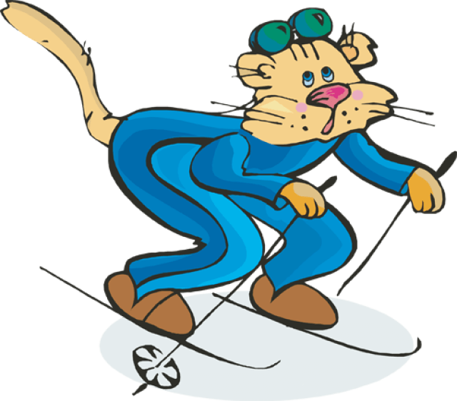A cartoon cat in a blue ski suit and goggles skiing downhill with poles and snow skis.