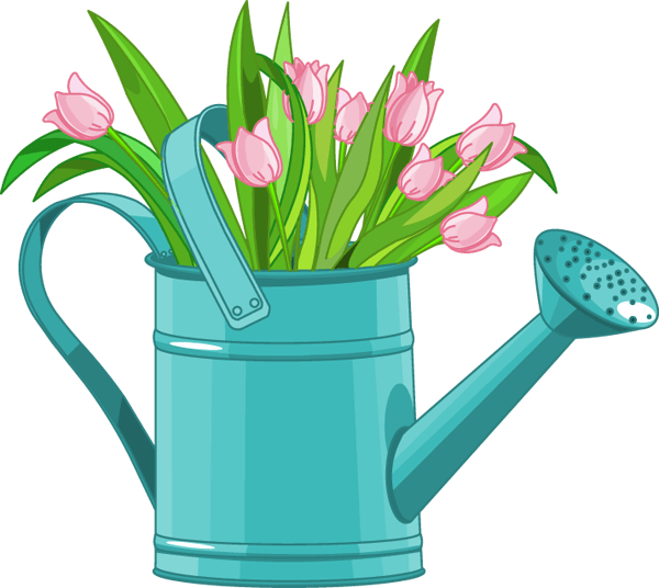 Pink Tulips in Teal Watering Can - Spring Garden Illustration