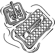 Line drawing of two food trays with compartments, one holding round items and the other mixed contents, with serving utensils.