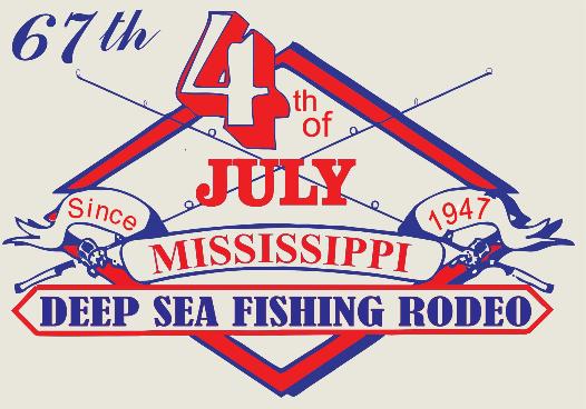 67th Mississippi Deep Sea Fishing Rodeo logo, red and blue design with crossed fishing rods, since 1947.