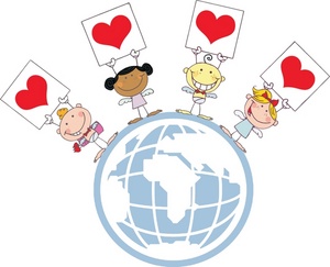 Diverse children holding heart signs around a globe, symbolizing global love and unity.