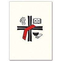 Minimalist illustration of a cross with red ribbon, open book, dove, chalice, and Bible, symbolizing Christian faith and sacraments.