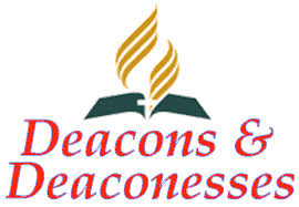 Open Bible with golden flame above, symbolizing the Holy Spirit, and text "Deacons & Deaconesses"