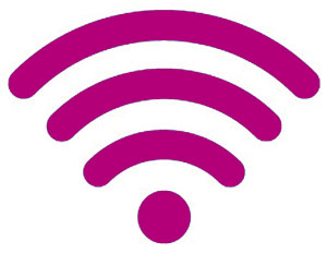Magenta WiFi symbol icon with three curved arcs and a dot, representing wireless internet connectivity.
