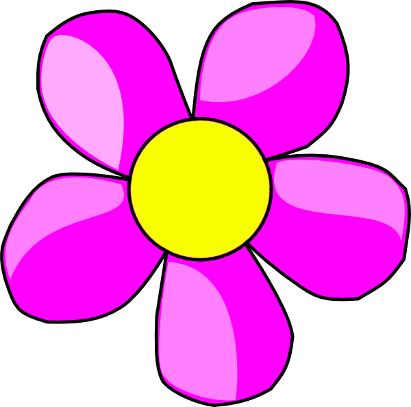 Bright pink cartoon flower with five petals and a yellow center on black background.