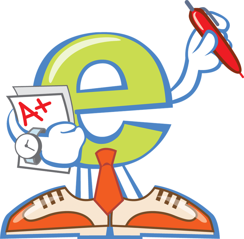Green letter "e" character wearing tie and shoes, holding A+ paper, watch, and red pen-symbolizing e-learning success.