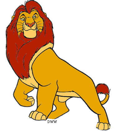 Animated majestic lion with vibrant red mane, standing proudly in classic Disney-style illustration.