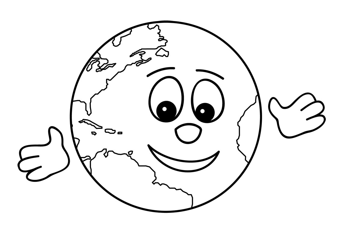 Friendly cartoon Earth with smiling face and waving hands, outlined for coloring.
